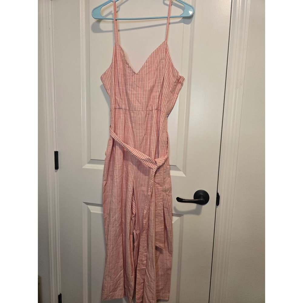 Gianni Bini Striped Jumpsuit Womens 12 Coral NWT Wide Leg Cotton V-Neck Belted